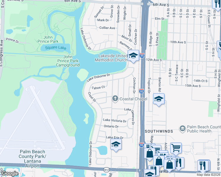 map of restaurants, bars, coffee shops, grocery stores, and more near 1425 Lakeview Drive in Lake Worth