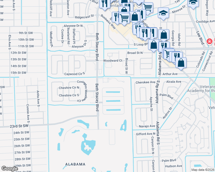 map of restaurants, bars, coffee shops, grocery stores, and more near 9077 Aegean Circle in Lehigh Acres