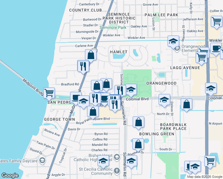 map of restaurants, bars, coffee shops, grocery stores, and more near 4401 Lazio Way in Fort Myers