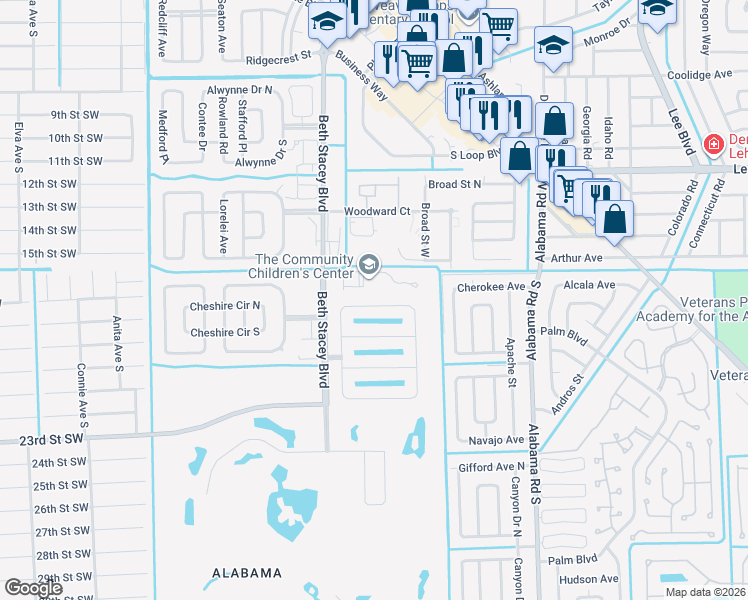 map of restaurants, bars, coffee shops, grocery stores, and more near 9101 Aegean Circle in Lehigh Acres