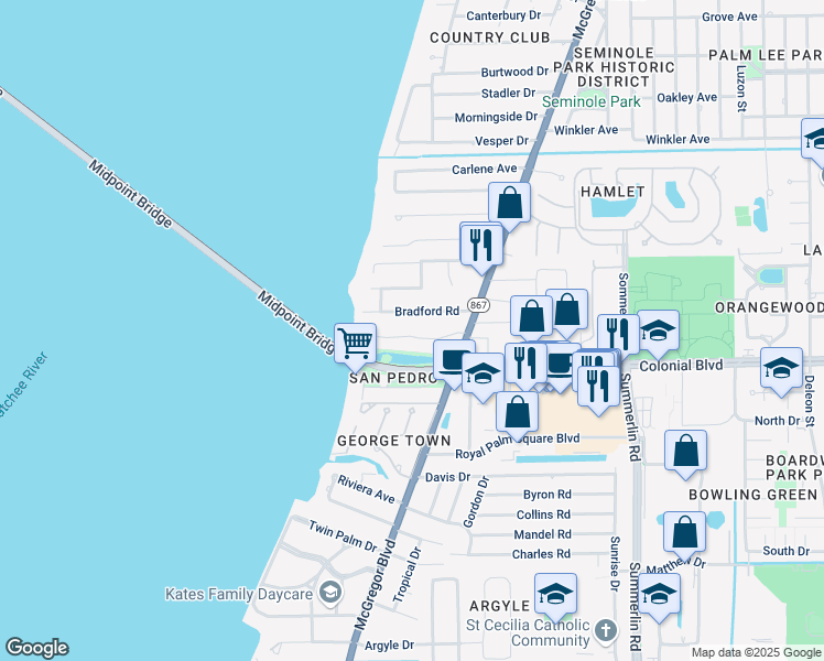 map of restaurants, bars, coffee shops, grocery stores, and more near 1331 Rio Vista in Fort Myers