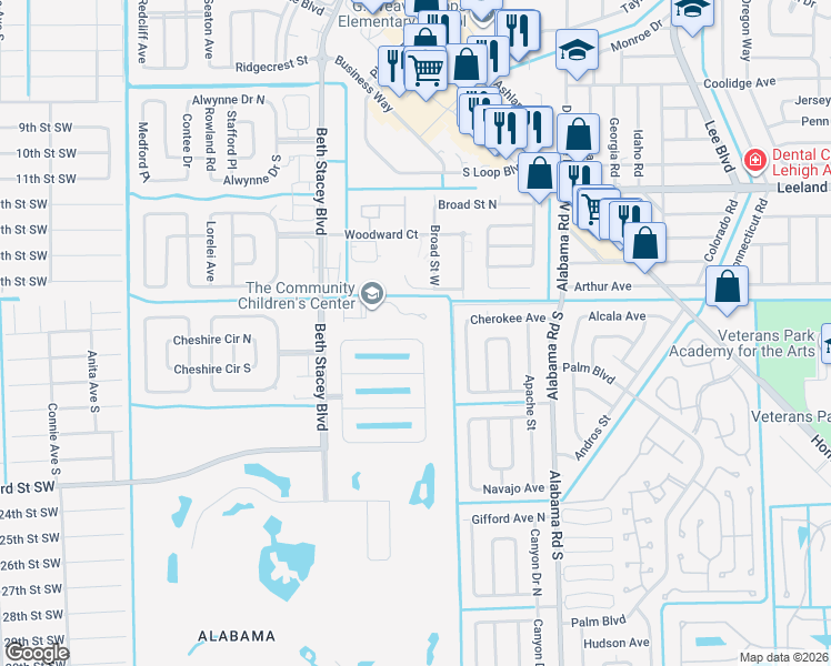 map of restaurants, bars, coffee shops, grocery stores, and more near 9141 Aegean Circle in Lehigh Acres
