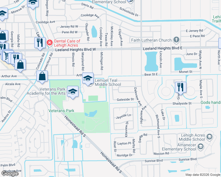 map of restaurants, bars, coffee shops, grocery stores, and more near 108 Airview Avenue in Lehigh Acres