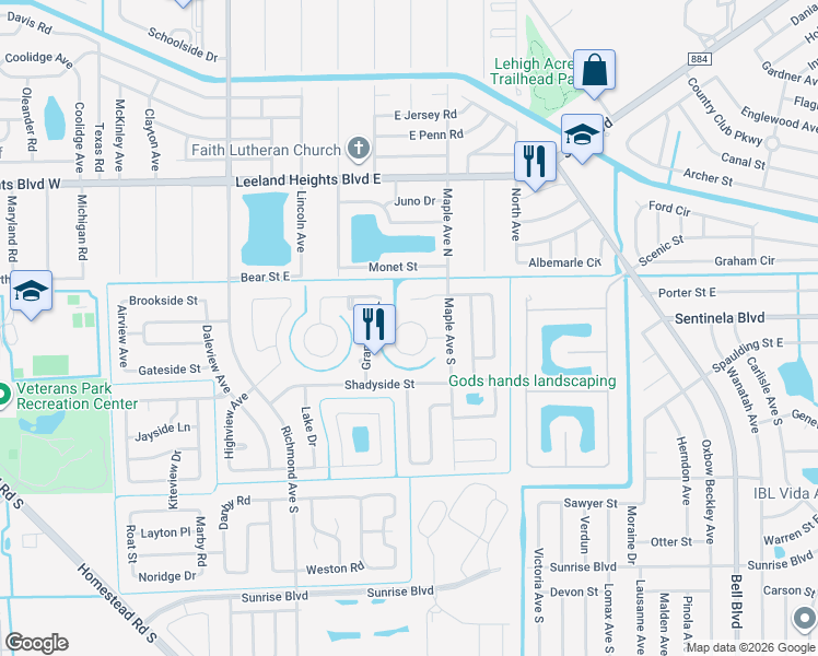 map of restaurants, bars, coffee shops, grocery stores, and more near 116 East Lake Drive in Lehigh Acres