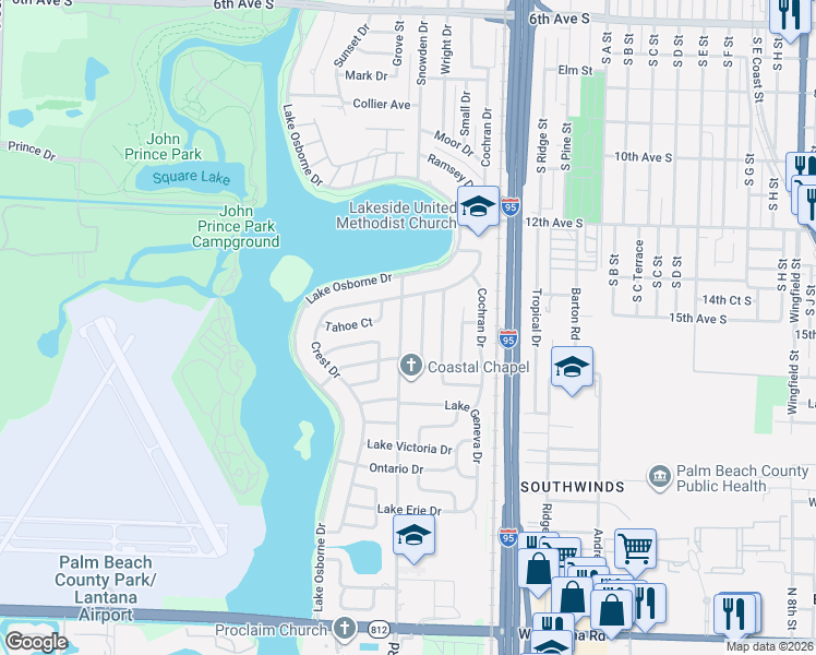 map of restaurants, bars, coffee shops, grocery stores, and more near 1425 Lakeview Drive in Lake Worth