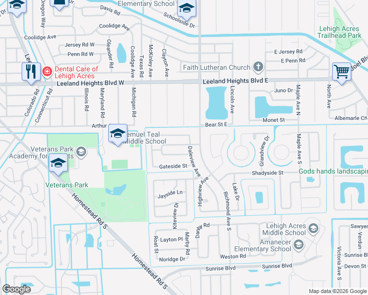 map of restaurants, bars, coffee shops, grocery stores, and more near 230 Oakside Street in Lehigh Acres