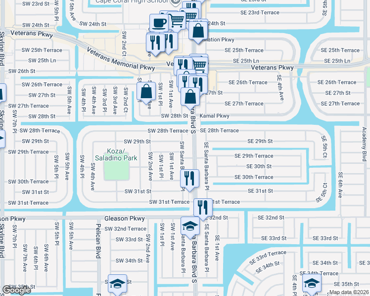 map of restaurants, bars, coffee shops, grocery stores, and more near 2911 Southwest Santa Barbara Place in Cape Coral