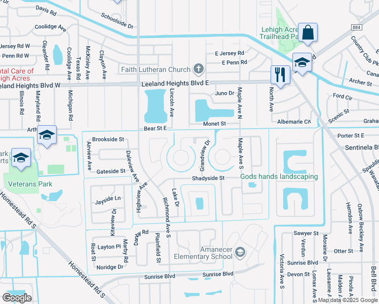 map of restaurants, bars, coffee shops, grocery stores, and more near 107 West Lake Drive in Lehigh Acres