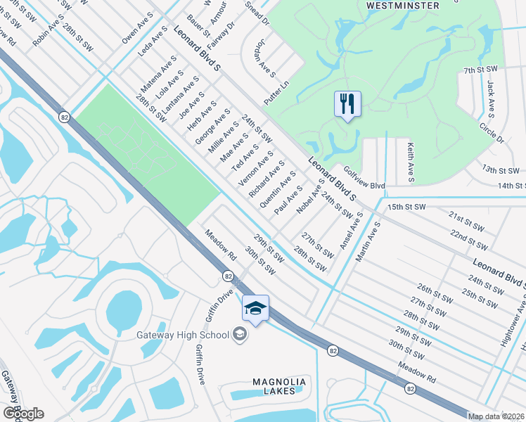 map of restaurants, bars, coffee shops, grocery stores, and more near 2441 Quentin Avenue South in Lehigh Acres