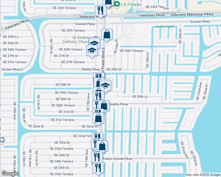 map of restaurants, bars, coffee shops, grocery stores, and more near 2846 Southeast 16th Place in Cape Coral