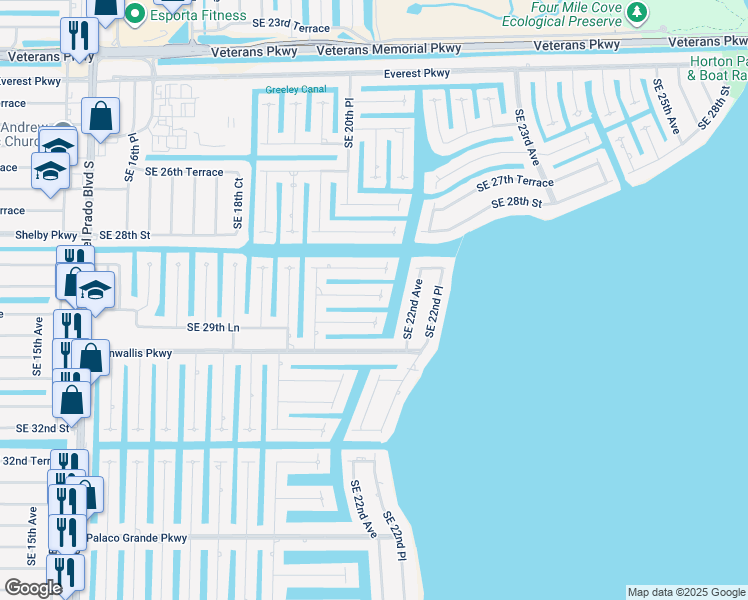 map of restaurants, bars, coffee shops, grocery stores, and more near 2038 Southeast 29th Street in Cape Coral
