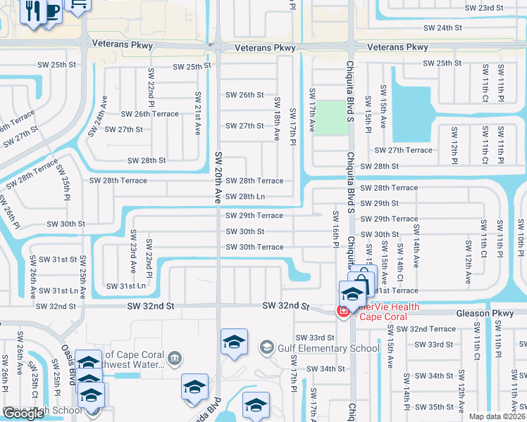 map of restaurants, bars, coffee shops, grocery stores, and more near 1811 Southwest 29th Terrace in Cape Coral