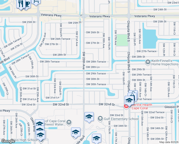 map of restaurants, bars, coffee shops, grocery stores, and more near 1909 Southwest 29th Terrace in Cape Coral
