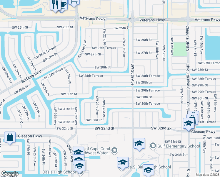 map of restaurants, bars, coffee shops, grocery stores, and more near 2119 Southwest 29th Terrace in Cape Coral