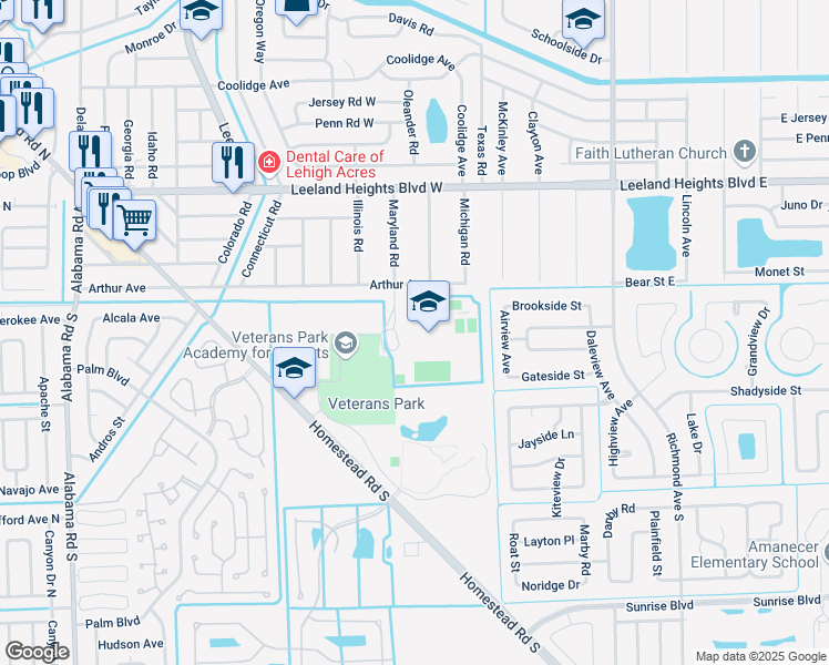 map of restaurants, bars, coffee shops, grocery stores, and more near 104 Arthur Avenue in Lehigh Acres