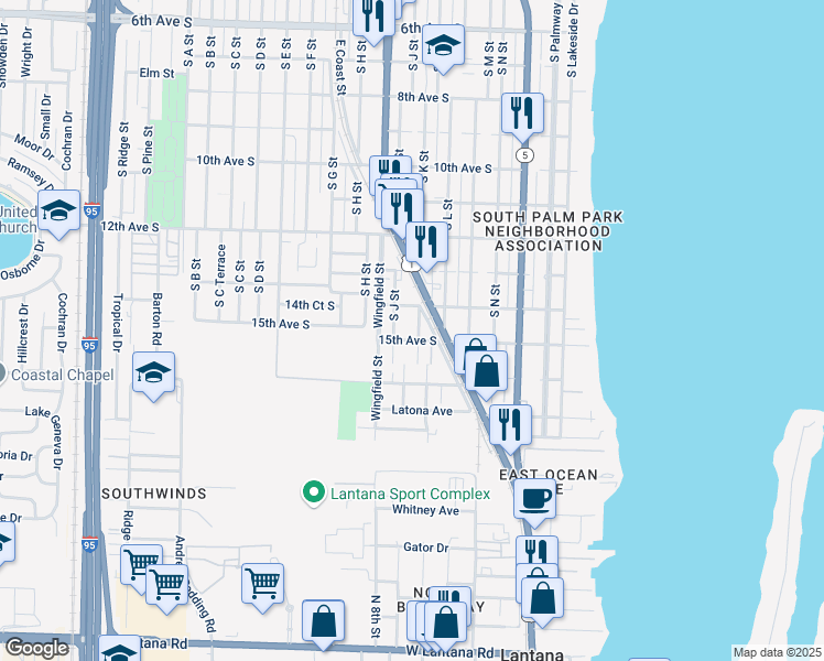 map of restaurants, bars, coffee shops, grocery stores, and more near 1421 South K Street in Lake Worth