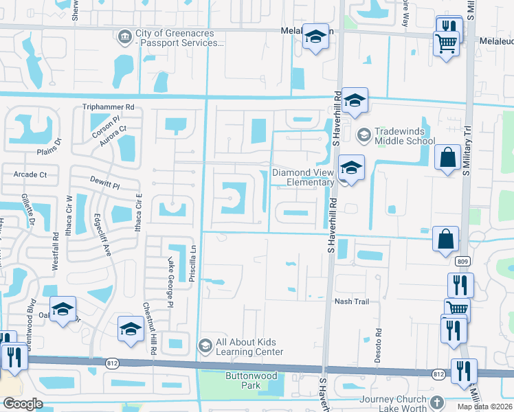 map of restaurants, bars, coffee shops, grocery stores, and more near 5310 Grand Banks Boulevard in Greenacres