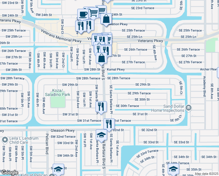 map of restaurants, bars, coffee shops, grocery stores, and more near 2908 Southeast Santa Barbara Place in Cape Coral