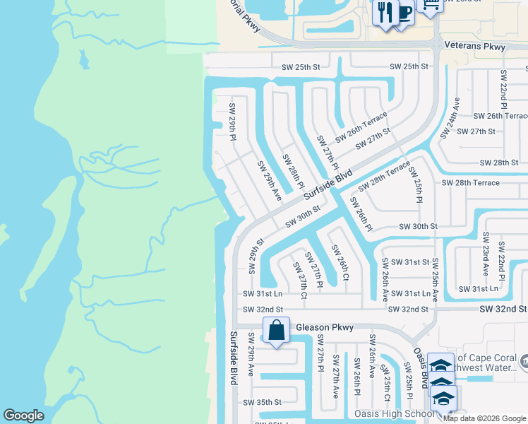map of restaurants, bars, coffee shops, grocery stores, and more near 3014 Southwest 29th Place in Cape Coral