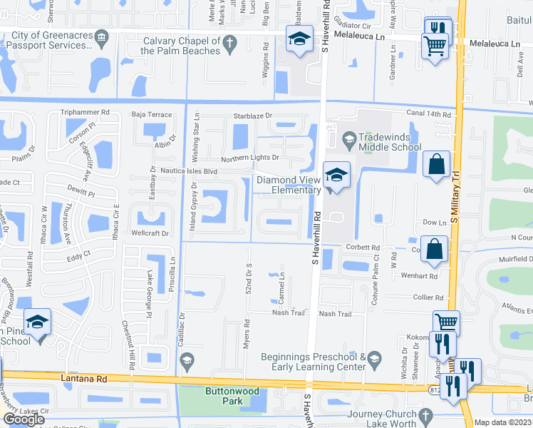 map of restaurants, bars, coffee shops, grocery stores, and more near 5032 Nautica Lake Circle in Greenacres