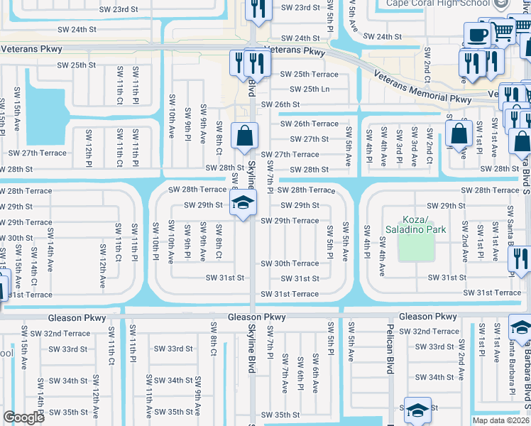 map of restaurants, bars, coffee shops, grocery stores, and more near 2918 Southwest 7th Place in Cape Coral