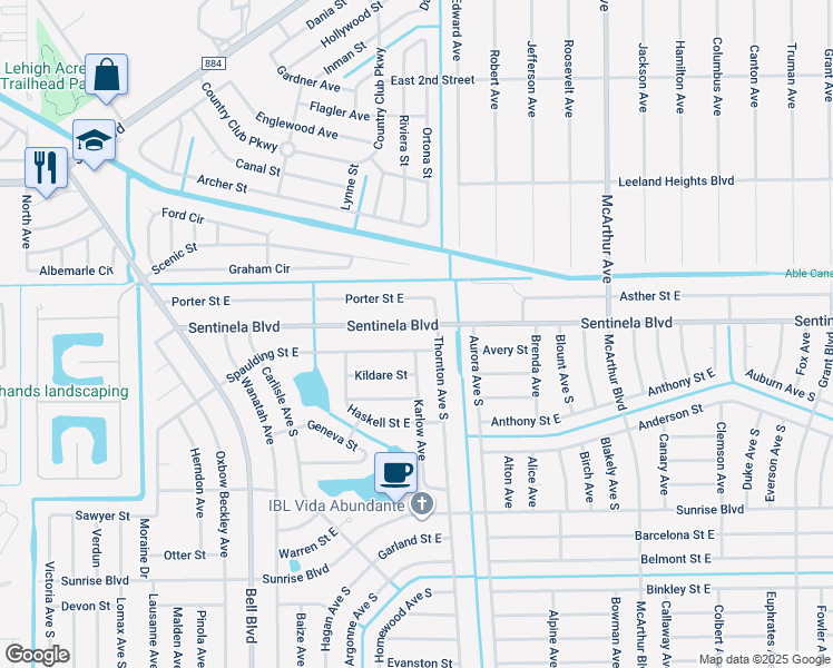map of restaurants, bars, coffee shops, grocery stores, and more near 876 Sentinela Blvd in Lehigh Acres