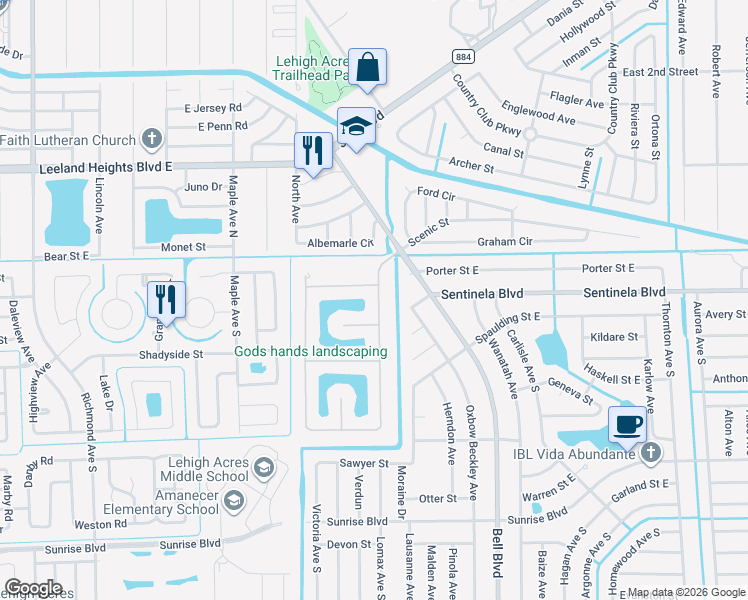 map of restaurants, bars, coffee shops, grocery stores, and more near 116 Shadow Lakes Drive in Lehigh Acres