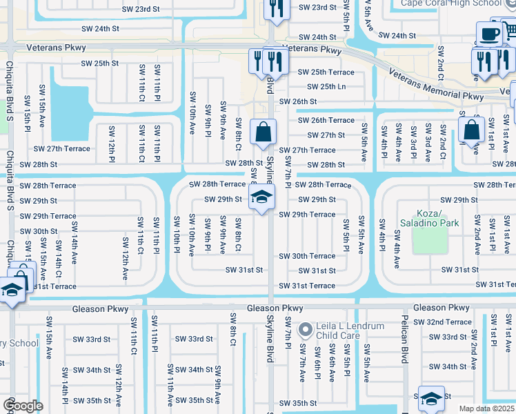 map of restaurants, bars, coffee shops, grocery stores, and more near 2917 Southwest 8th Place in Cape Coral