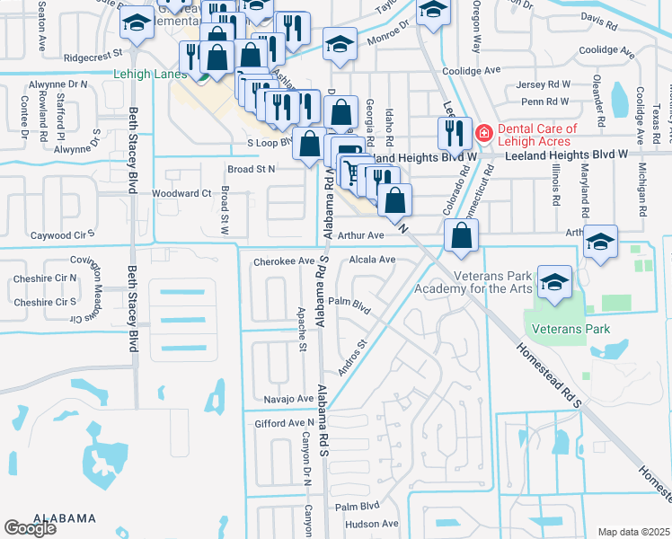 map of restaurants, bars, coffee shops, grocery stores, and more near 15 Alcala Avenue in Lehigh Acres
