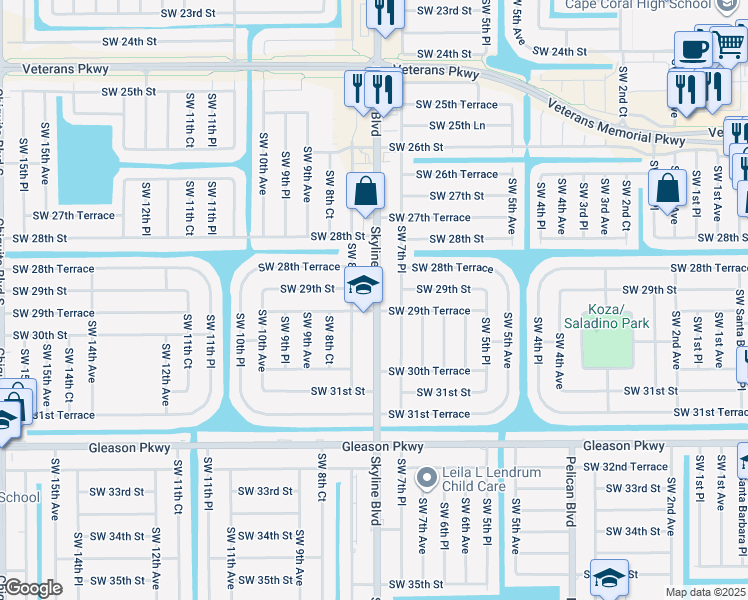 map of restaurants, bars, coffee shops, grocery stores, and more near 2917 Southwest 8th Place in Cape Coral