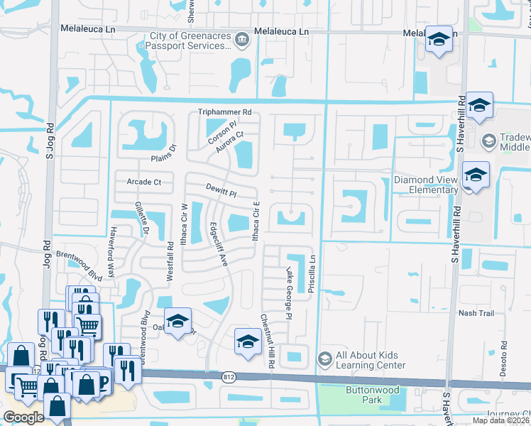 map of restaurants, bars, coffee shops, grocery stores, and more near 5718 Ithaca Circle West in Lake Worth