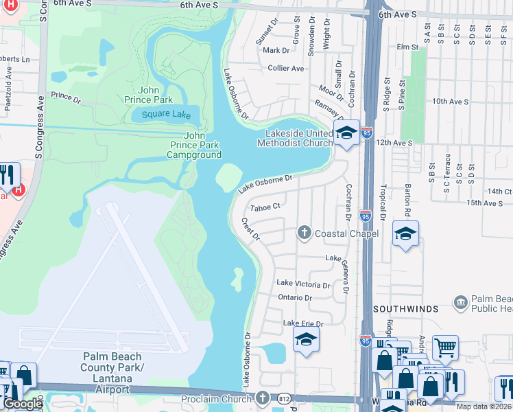 map of restaurants, bars, coffee shops, grocery stores, and more near 1424 Tahoe Court in Lake Worth