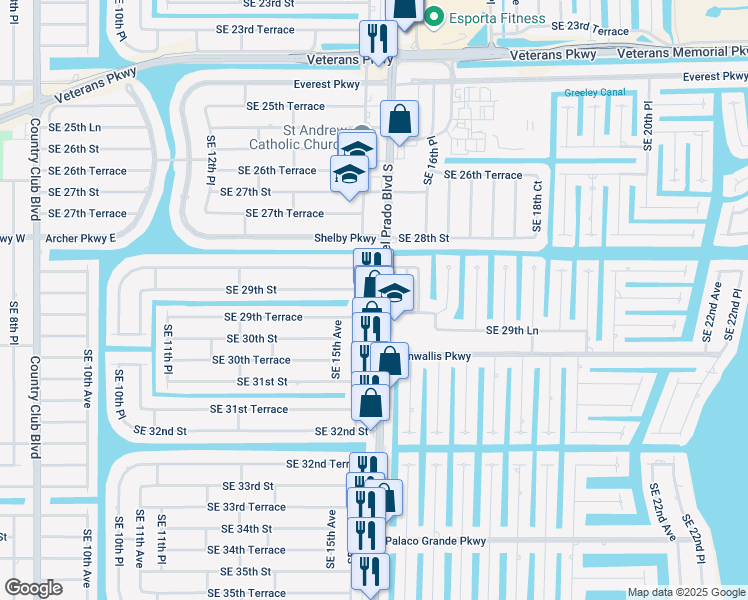 map of restaurants, bars, coffee shops, grocery stores, and more near 2924 Del Prado Boulevard South in Cape Coral