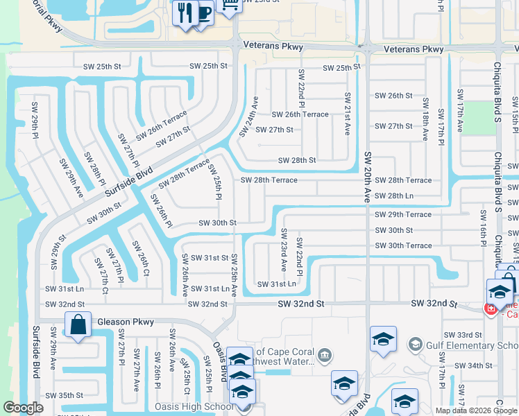 map of restaurants, bars, coffee shops, grocery stores, and more near 2850 Southwest 23rd Place in Cape Coral