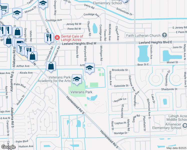 map of restaurants, bars, coffee shops, grocery stores, and more near 104 Arthur Avenue in Lehigh Acres