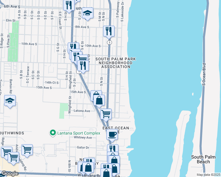 map of restaurants, bars, coffee shops, grocery stores, and more near 1421 South Palmway in Lake Worth