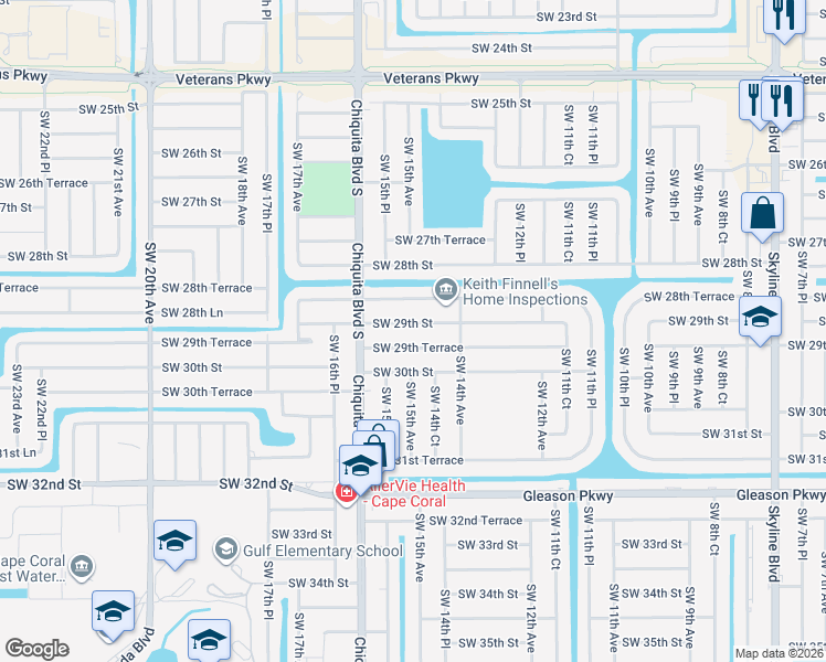 map of restaurants, bars, coffee shops, grocery stores, and more near 1503 Southwest 29th Terrace in Cape Coral