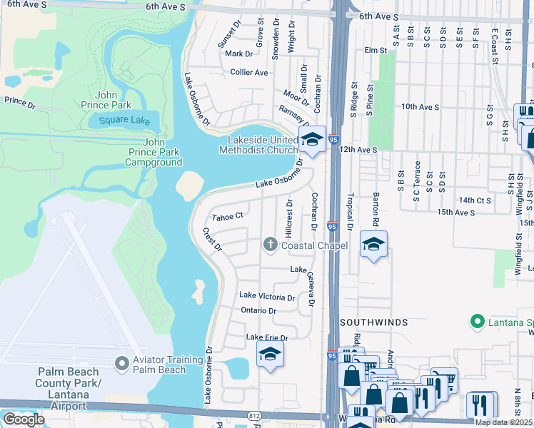 map of restaurants, bars, coffee shops, grocery stores, and more near 1425 Lakeview Drive in Lake Worth