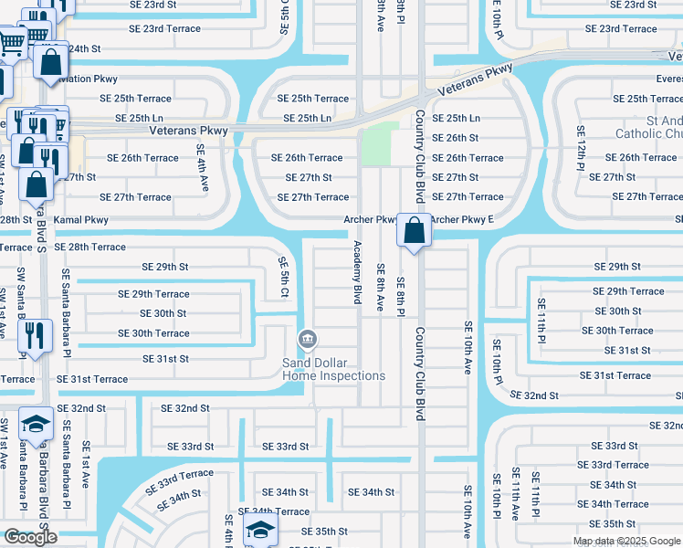 map of restaurants, bars, coffee shops, grocery stores, and more near 620 Southeast 29th Street in Cape Coral
