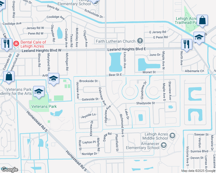 map of restaurants, bars, coffee shops, grocery stores, and more near 109 Richmond Avenue South in Lehigh Acres