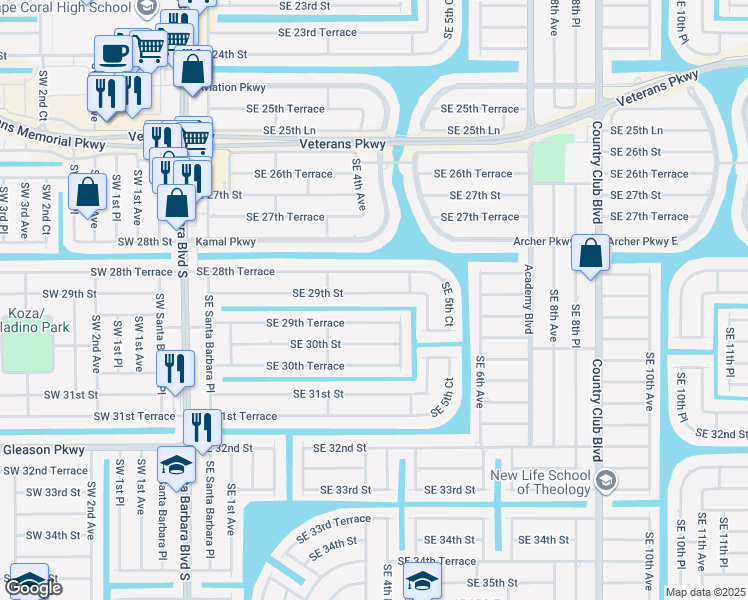 map of restaurants, bars, coffee shops, grocery stores, and more near 404 Southeast 29th Street in Cape Coral