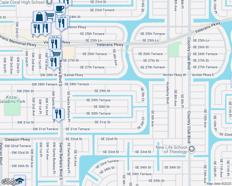 map of restaurants, bars, coffee shops, grocery stores, and more near 404 Southeast 29th Street in Cape Coral
