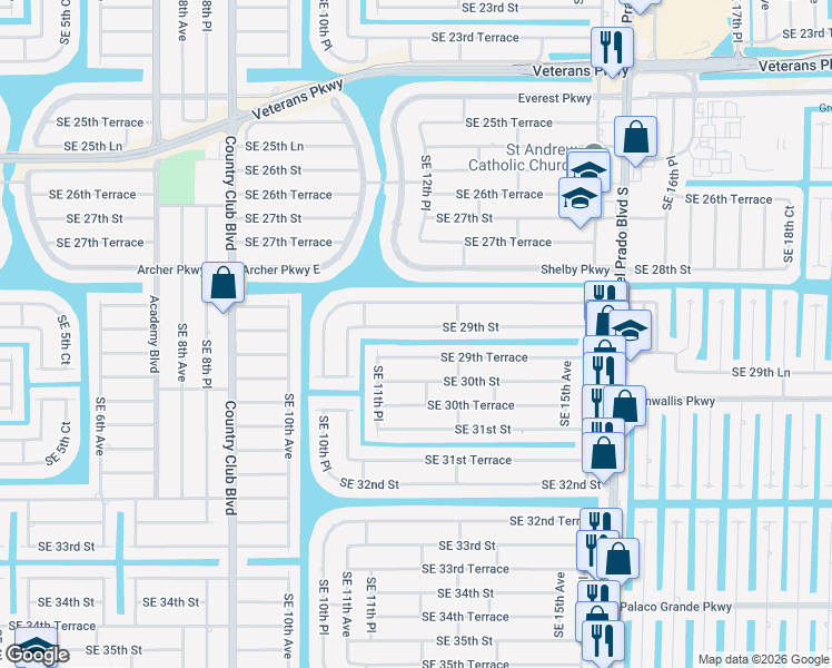 map of restaurants, bars, coffee shops, grocery stores, and more near 1144 Southeast 29th Street in Cape Coral
