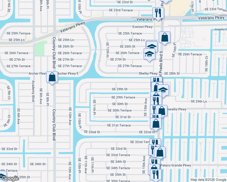 map of restaurants, bars, coffee shops, grocery stores, and more near 1212 Southeast 29th Street in Cape Coral