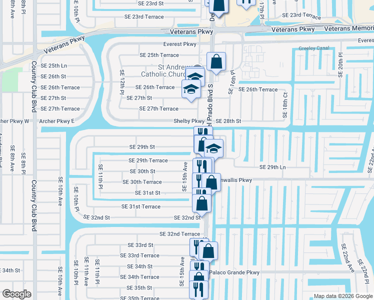 map of restaurants, bars, coffee shops, grocery stores, and more near 1501 Southeast 29th Terrace in Cape Coral