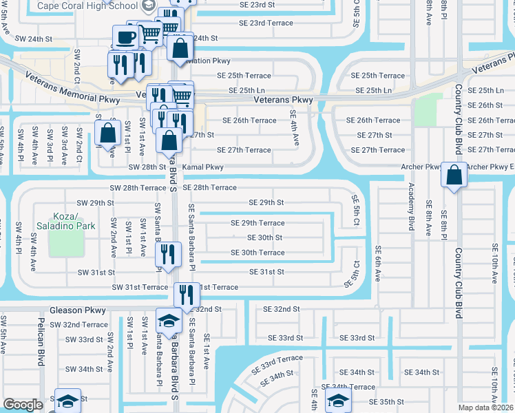 map of restaurants, bars, coffee shops, grocery stores, and more near 236 Southeast 29th Street in Cape Coral