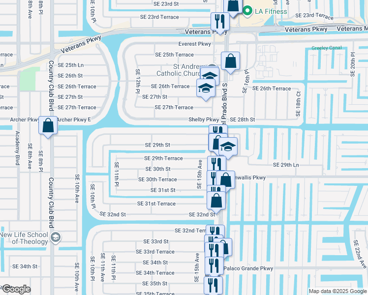 map of restaurants, bars, coffee shops, grocery stores, and more near 1420 Southeast 29th Street in Cape Coral