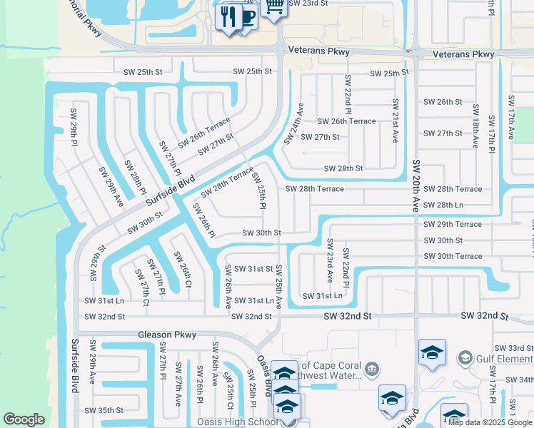 map of restaurants, bars, coffee shops, grocery stores, and more near 2512 Southwest 29th Terrace in Cape Coral