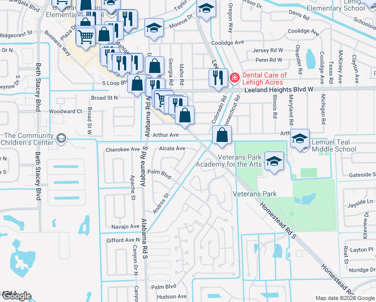 map of restaurants, bars, coffee shops, grocery stores, and more near 10 Willow Street in Lehigh Acres