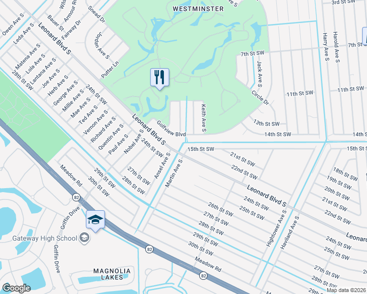 map of restaurants, bars, coffee shops, grocery stores, and more near 4760 Leonard Boulevard South in Lehigh Acres